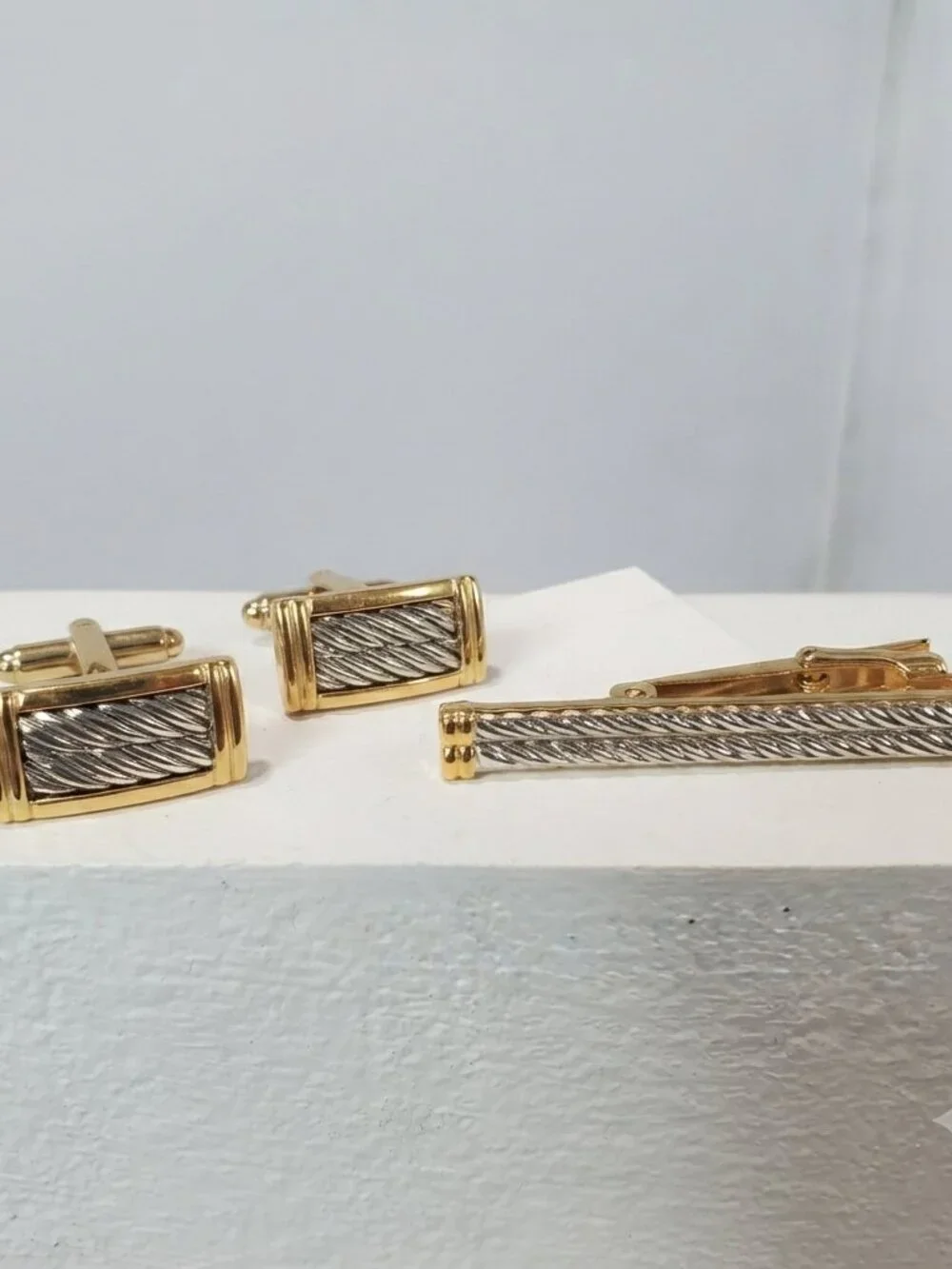 Vintage Two-Tone Gold & Silver Twisted Cable 3-Piece Cuff Link and Tie Clip Set
